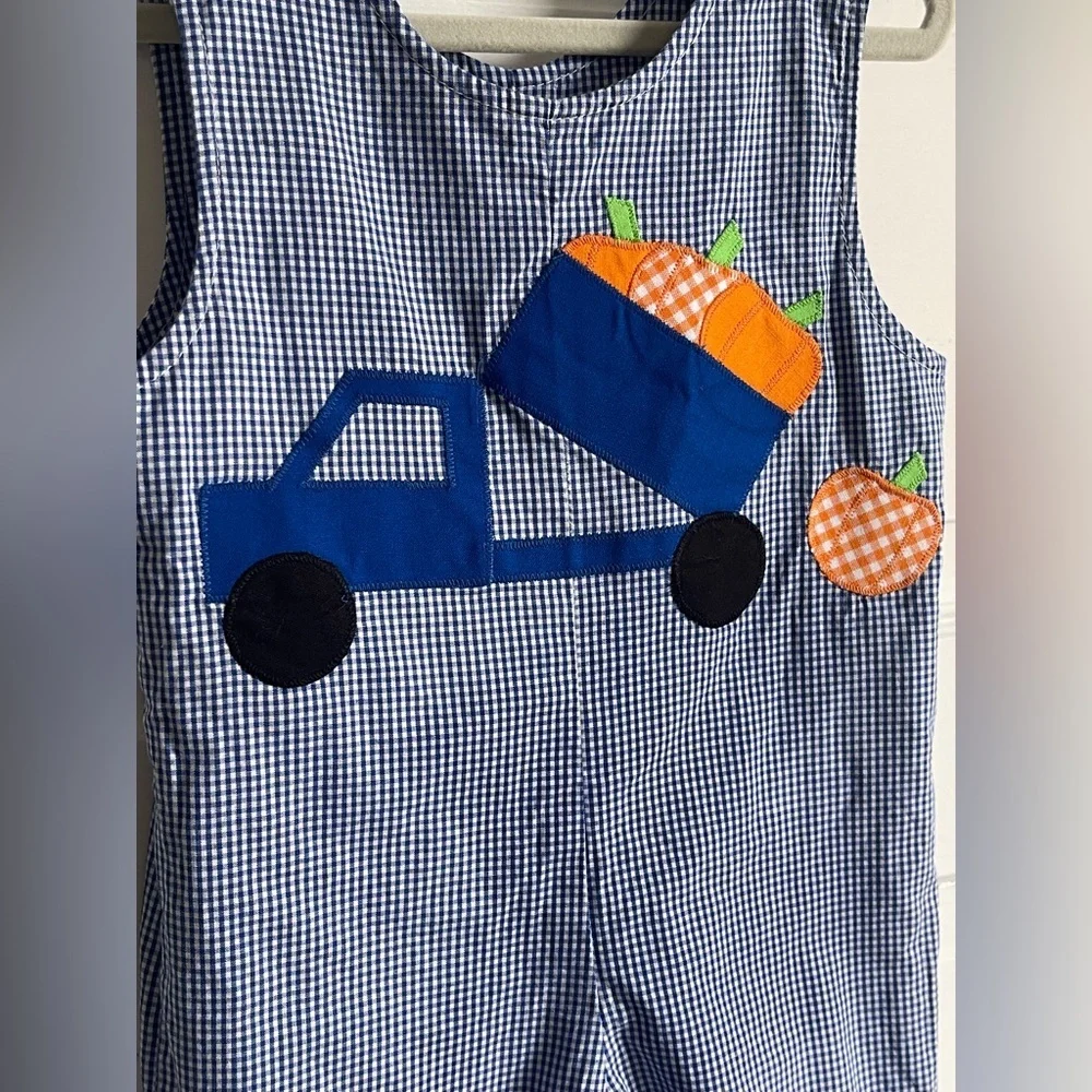 Funtasia Too Reversible 12mo Blue Checkered Overalls w/ Pumpkins & Turkey Design